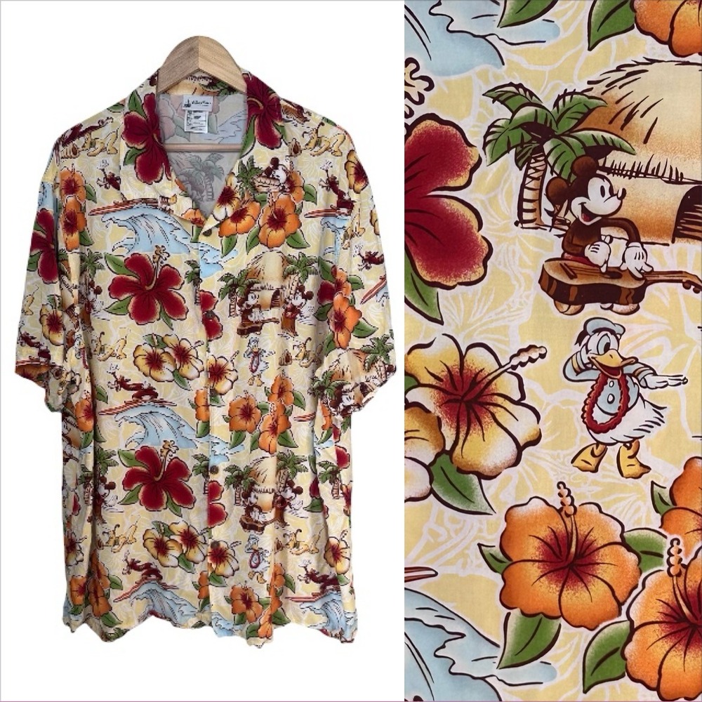Disney‎ Parks Mens Hawaiian Donald Pluto Aloha Surf Camp Shirt Size 2XL